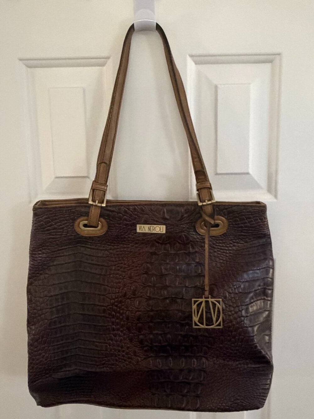 Via Neroli Brown Croc Embossed Large Tote Bag